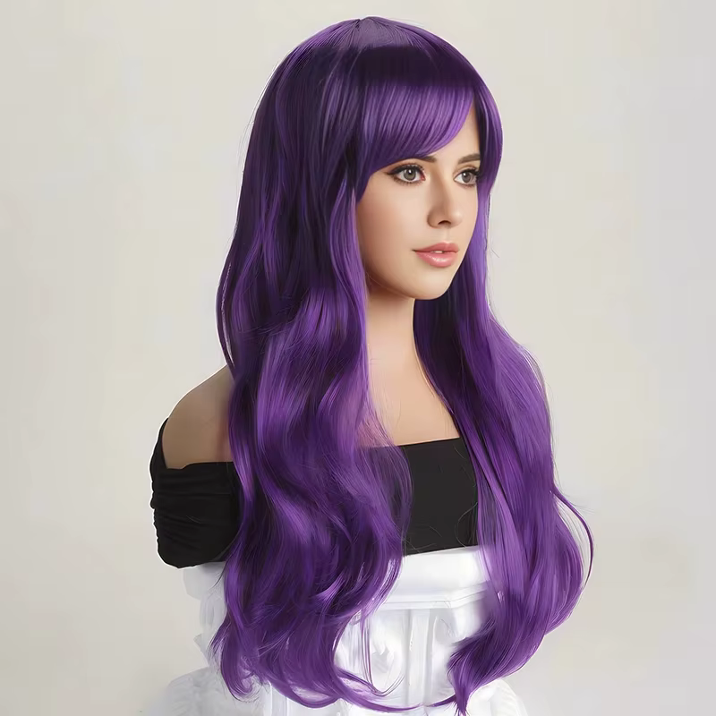 Perruque synthétique violette de 26 pouces avec grandes vagues pour cosplay d'Halloween