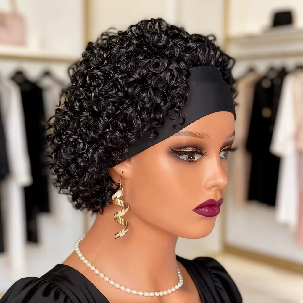 Perruque bouclée avec bandeau en cheveux humains pour femmes