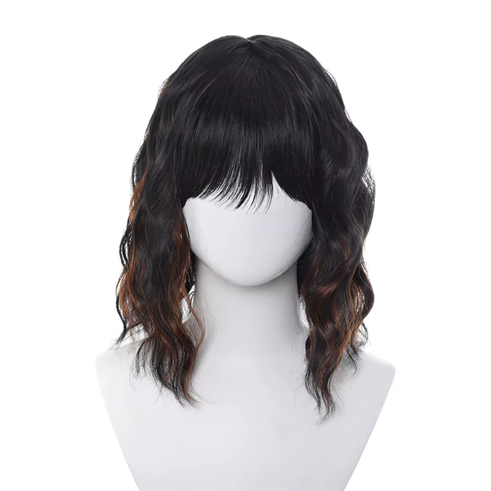 Perruque courte bouclée noire naturelle pour femmes - Bob ondulé longueur épaule avec frange | Cheveux synthétiques