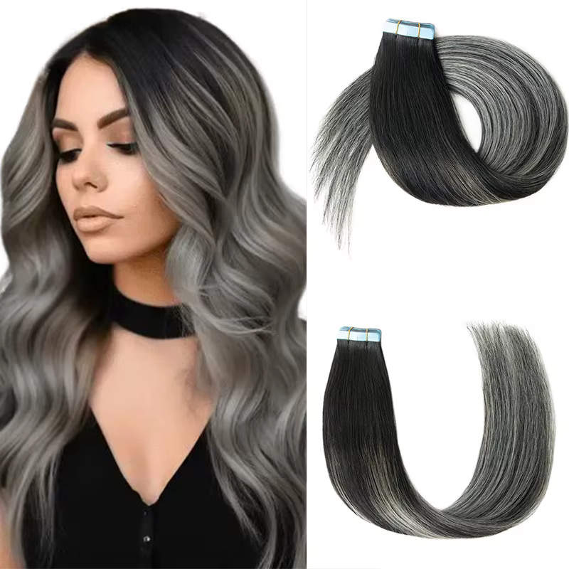 Extensions de Cheveux Humains Lisses Gris Ombré