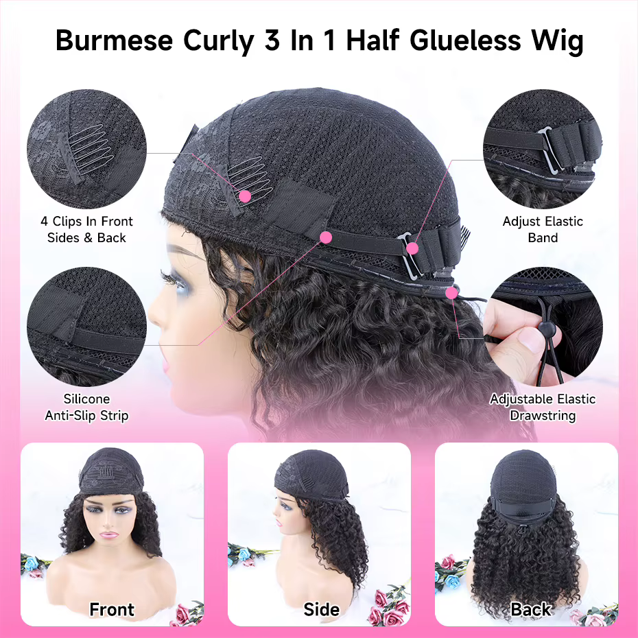Perruques mi-longues invisibles en cheveux humains birmans