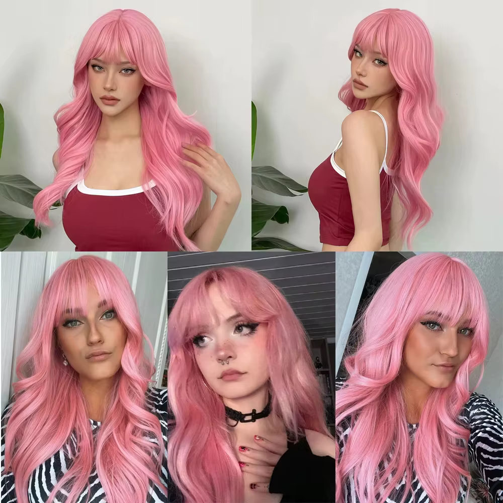 Perruque synthétique rose avec grandes vagues pour fête d'Halloween