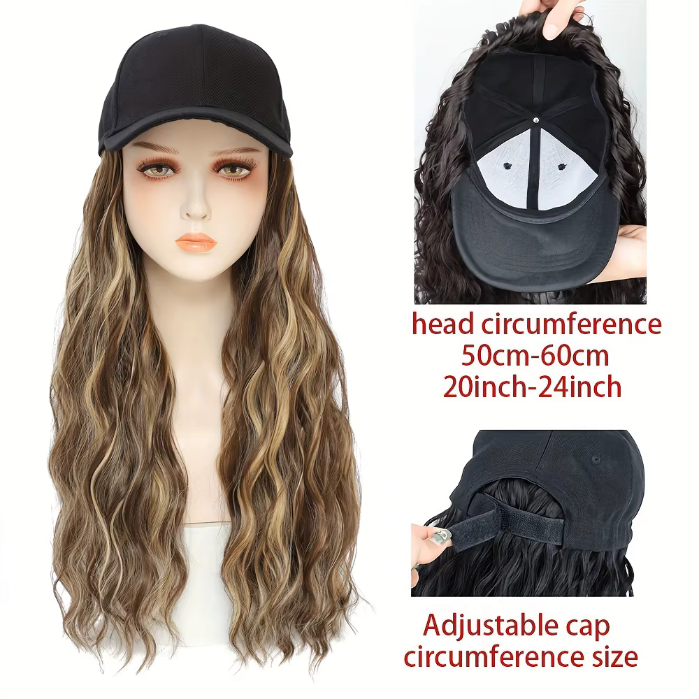 Perruque ondulée bouclée pour femmes de 18 pouces avec casquette de baseball