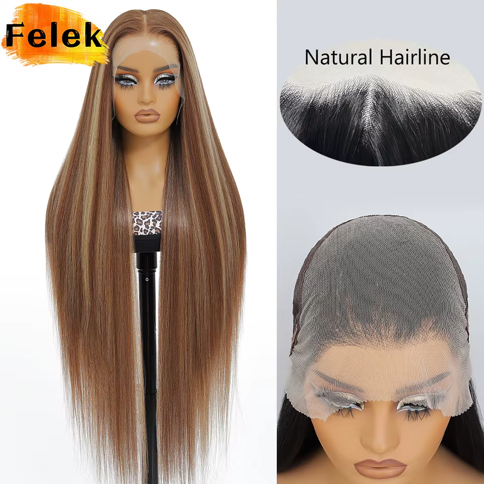 Perruques Lace Frontal 13x6 Marron Super Longues 40 Pouces pour Femmes, Synthétiques Lisses Soyeuses Noires de Haute Qualité, Faciles à Porter, pour Cosplay