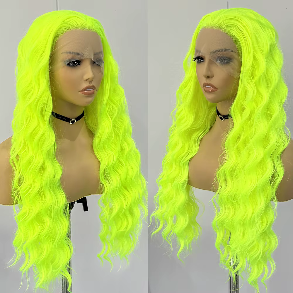 Perruque Synthétique Longue Bouclée Vert Néon pour Femme