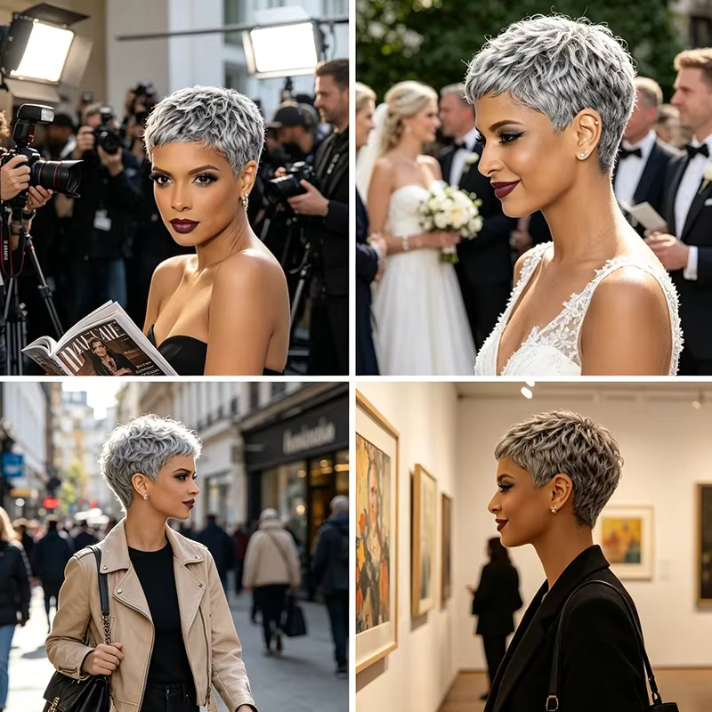 Perruque courte grise style pixie