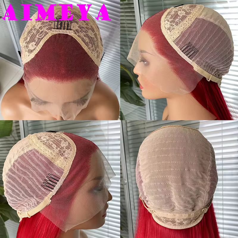 AIMEYA 13x4 rouge dentelle avant perruque longue vague de corps cheveux synthétiques sans colle naturel délié usage quotidien Cosplay perruques pour les femmes fête