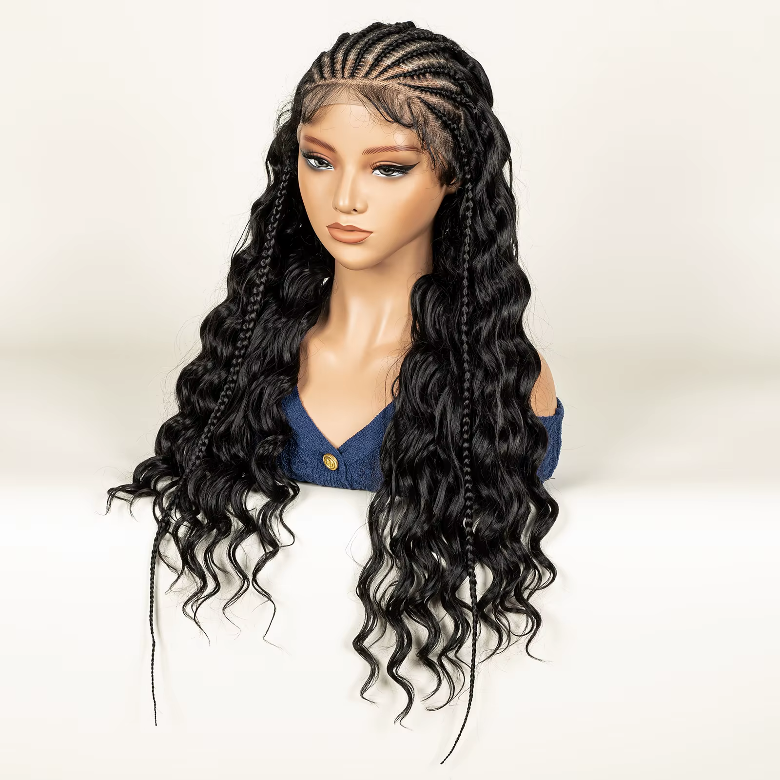 Fulani perruque tressée avec cheveux mi-bouclés synthétique 13x6 Transparent dentelle avant