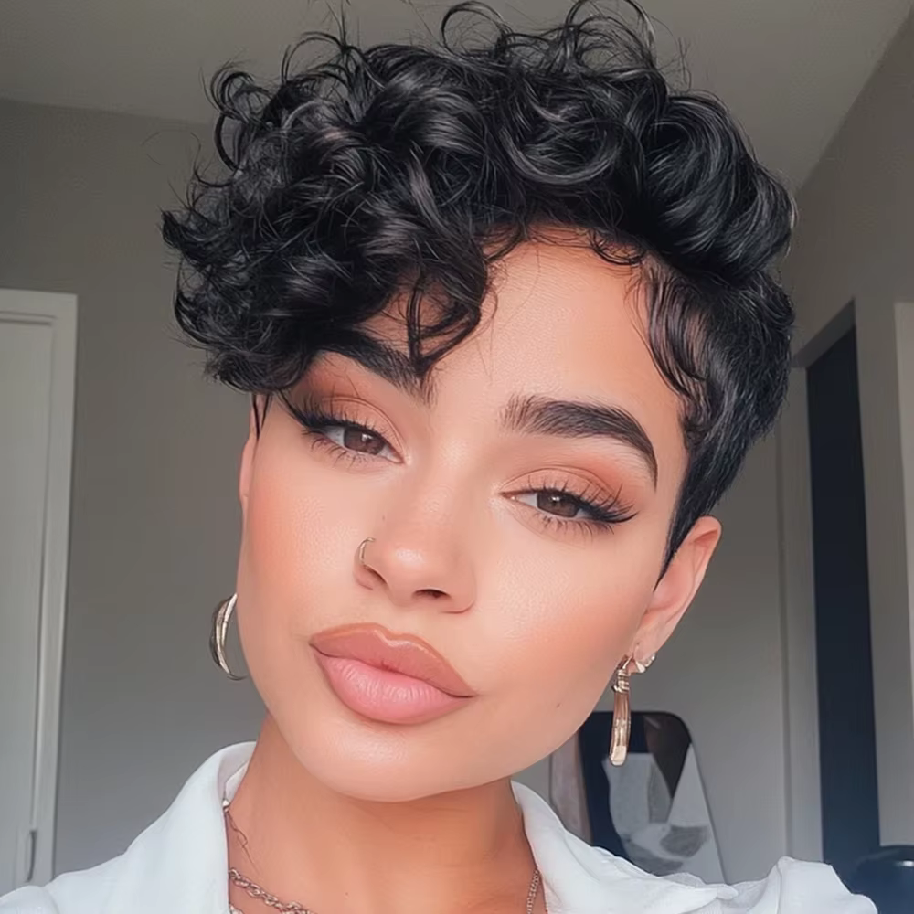 Perruque de cheveux humains coupe lutin 6 "en couches courtes bouclées lâches avec frange Remy