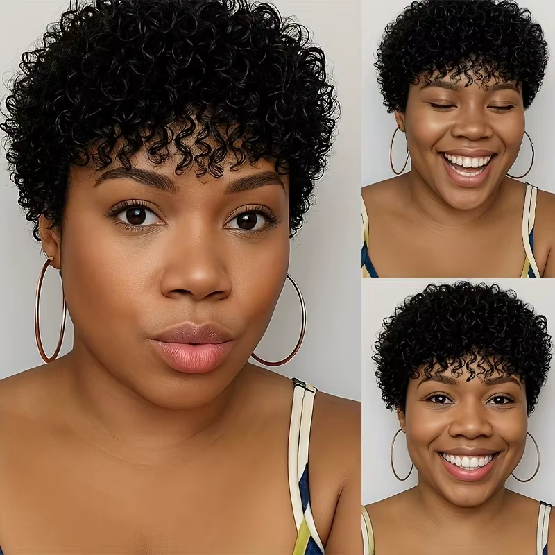 Perruque de cheveux humains Afro crépus bouclés avec frange 4 pouces brésilien Remy coupe lutin eau bouclée pleine