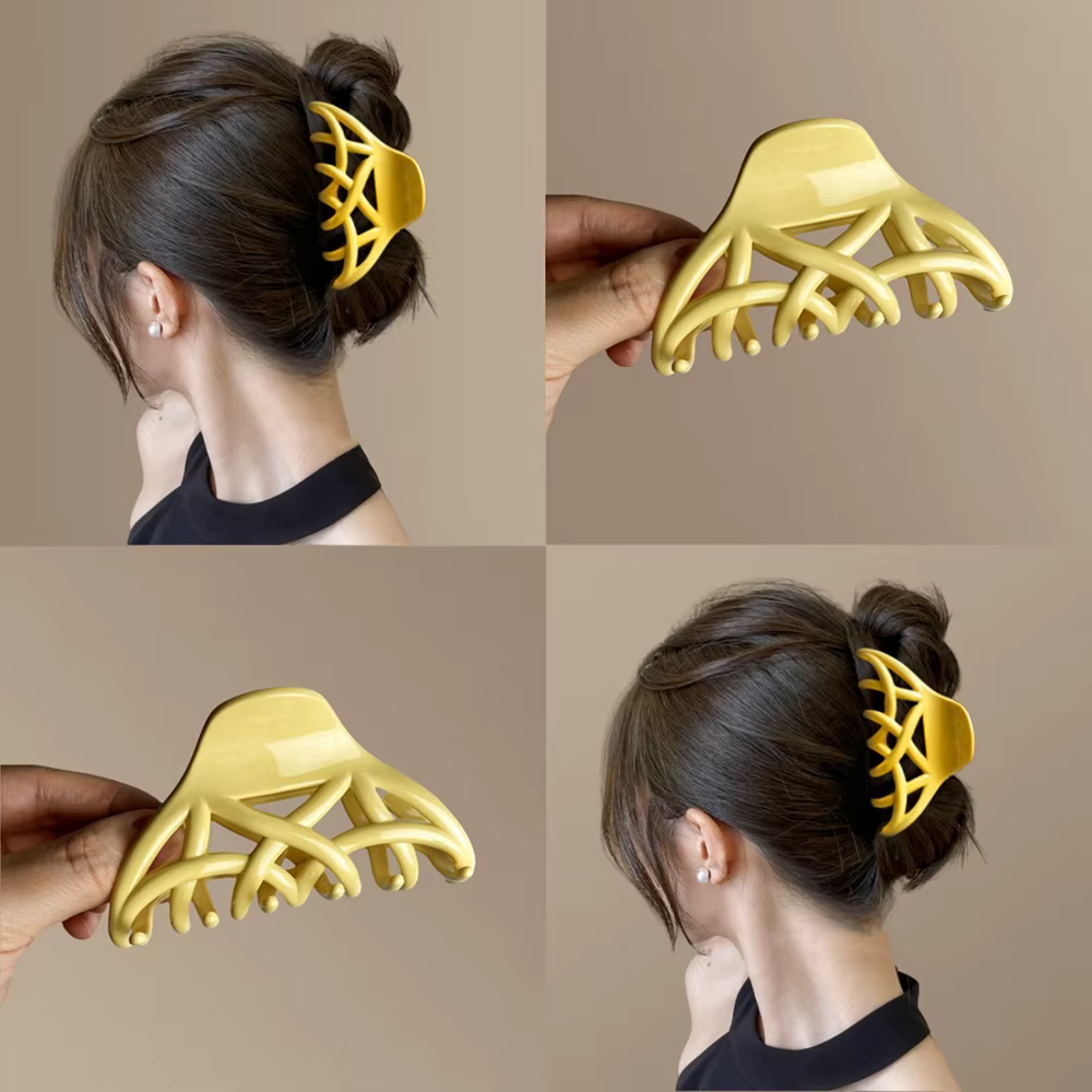 Nouvelle pince à cheveux jaune grande taille avec fleurs bleues