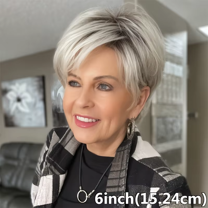 Perruque synthétique tendance pour femme - Bob court gris naturel