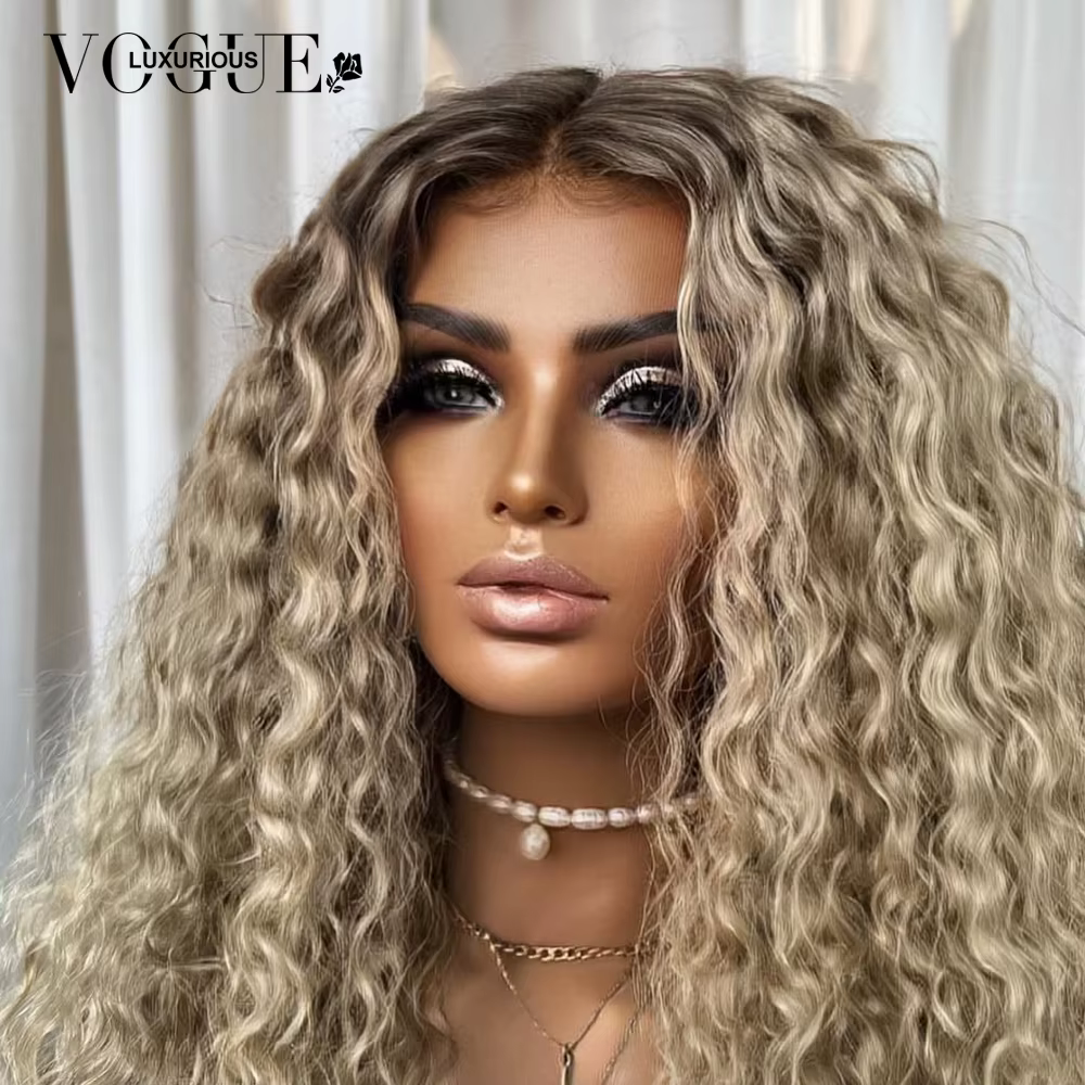 LUX VOGUE 260% frêne brume dorée crépus bouclés 100% perruque de cheveux vierges ombre de racine casquette respirante Construction 13x6 mise à niveau couleur nue
