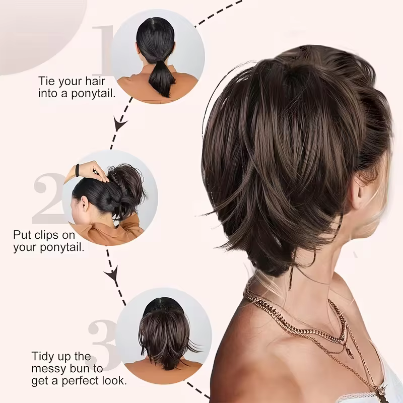 Pour cheveux courts : Queue de cheval synthétique ondulée à clipser