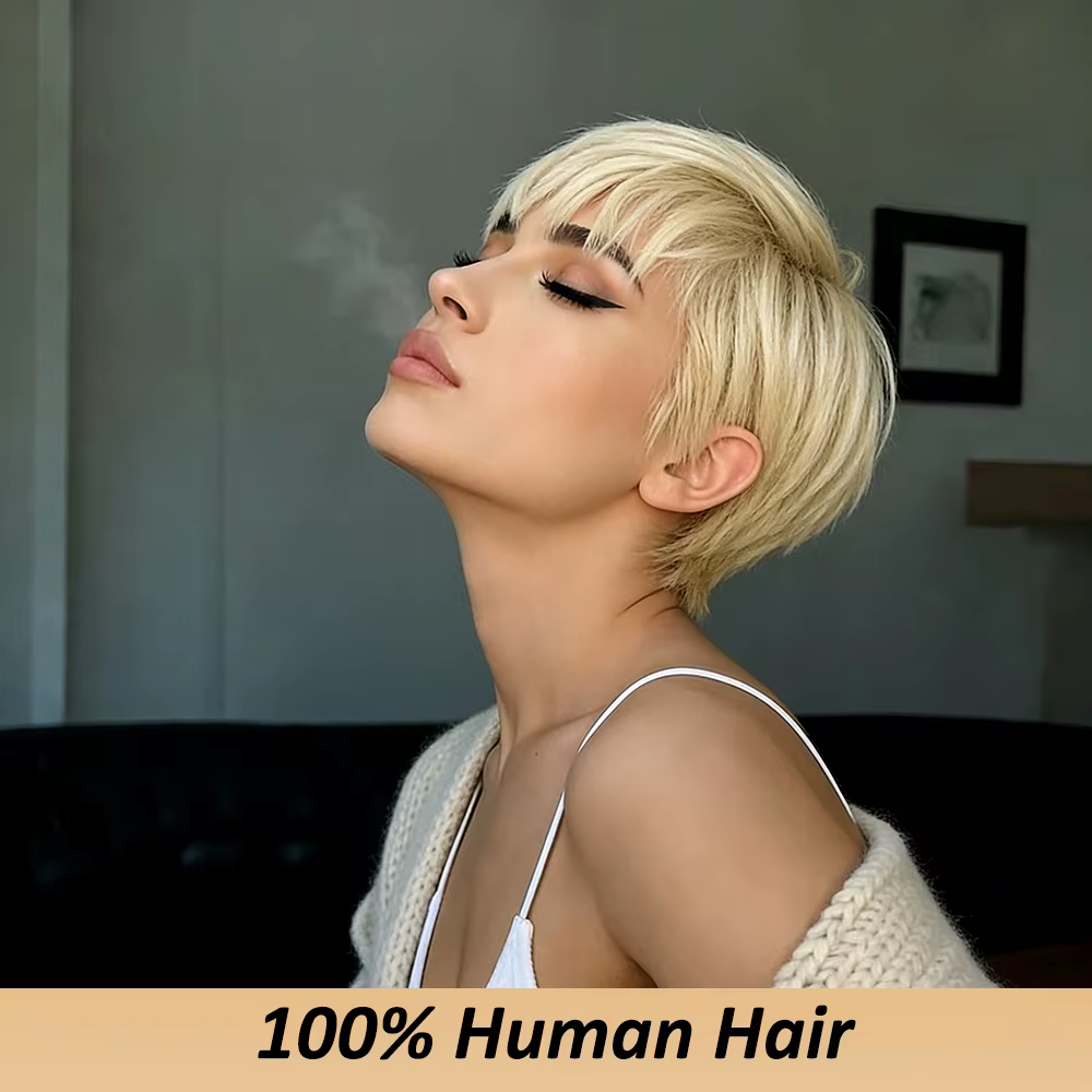 # Perruques en cheveux humains couleur blonde 613, perruque courte blonde avec frange pour femmes, cheveux brésiliens, bonnet fait à la machine, noir/brun/blonde