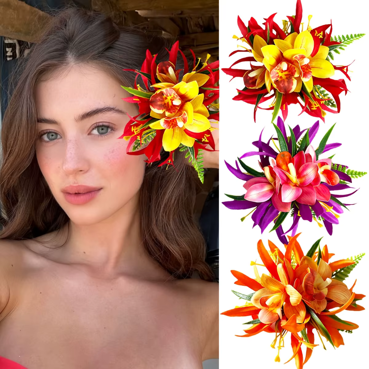 1pc Clip à cheveux en fleur d'orchidée artificielle pour les vacances à la plage hawaïenne