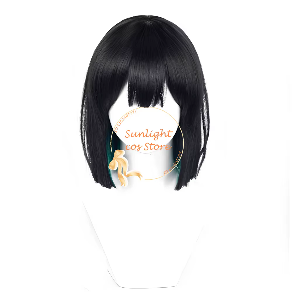 Sua Cosplay perruque 30 cm noir vert mixte perruques avec boucles d'oreilles résistant à la chaleur cheveux