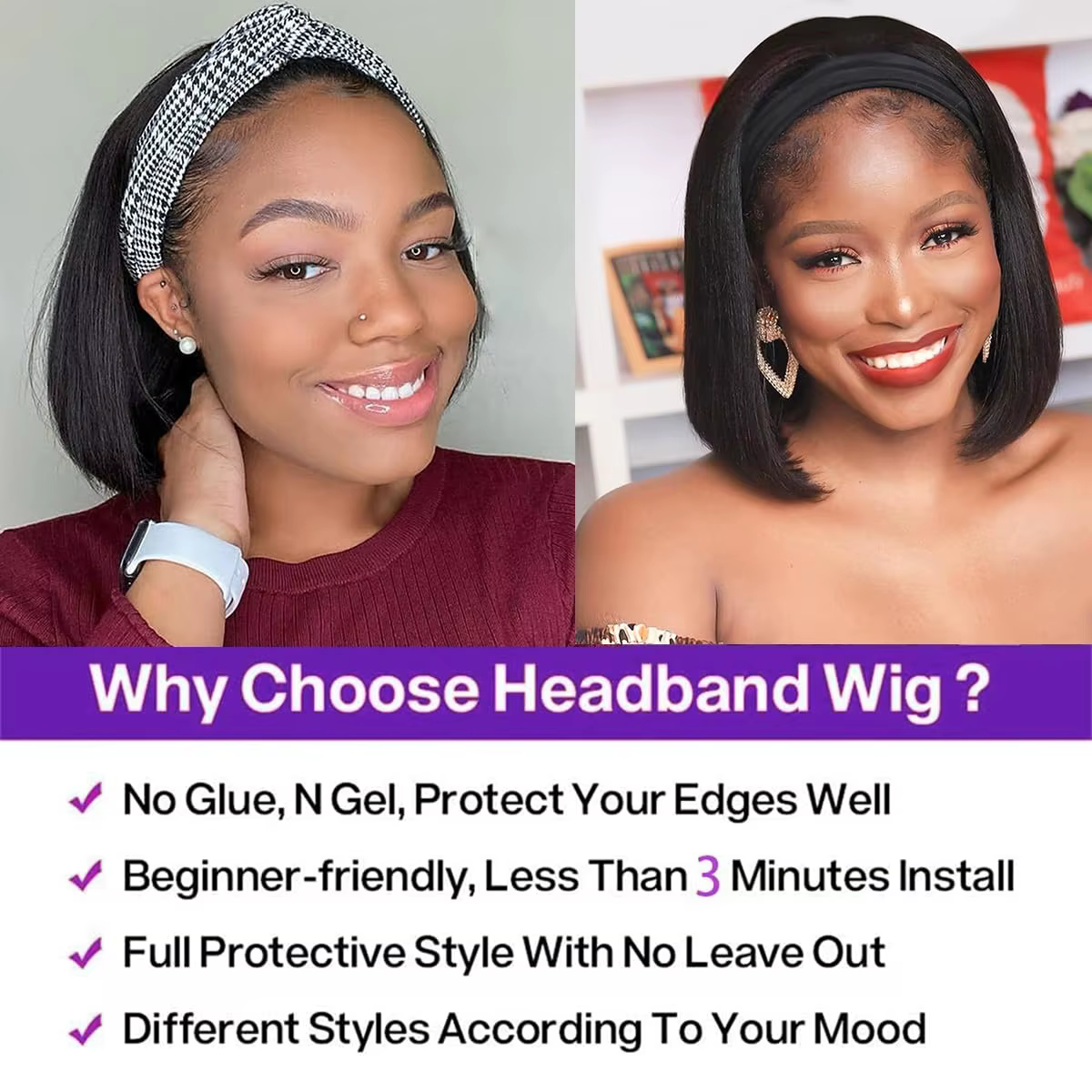 Perruques Bandeau Jupade 100% Cheveux Humains Lisses Sans Colle Bob Demi-Perruques