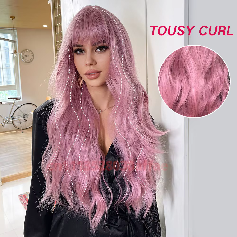 Perruque synthétique longue rose bouclée ondulée tendance avec frange