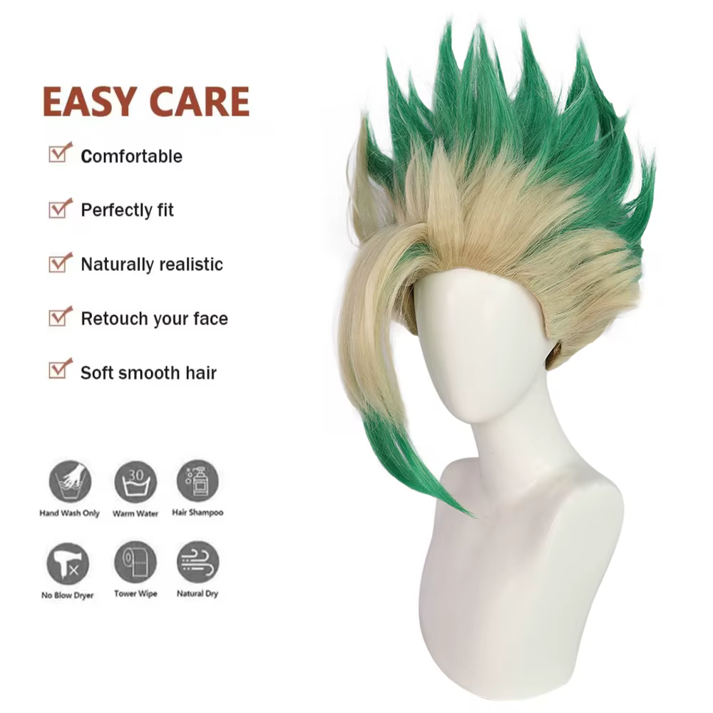 Anime Ishigami Senku ‌ ‌ Cosplay cheveux synthétiques Dr.Stone vert dégradé adapté aux fêtes quotidiennes jeu de rôle