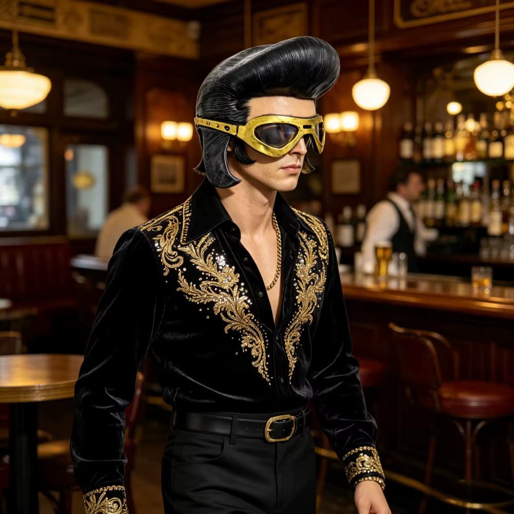 Masque de style rock vintage avec lunettes dorées et coiffure pompadour noire pour costume de fête pour homme