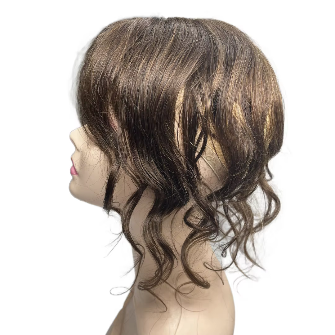 Postiche bouclée ondulée partie centrale cheveux humains Topper avec frange pince en vrais