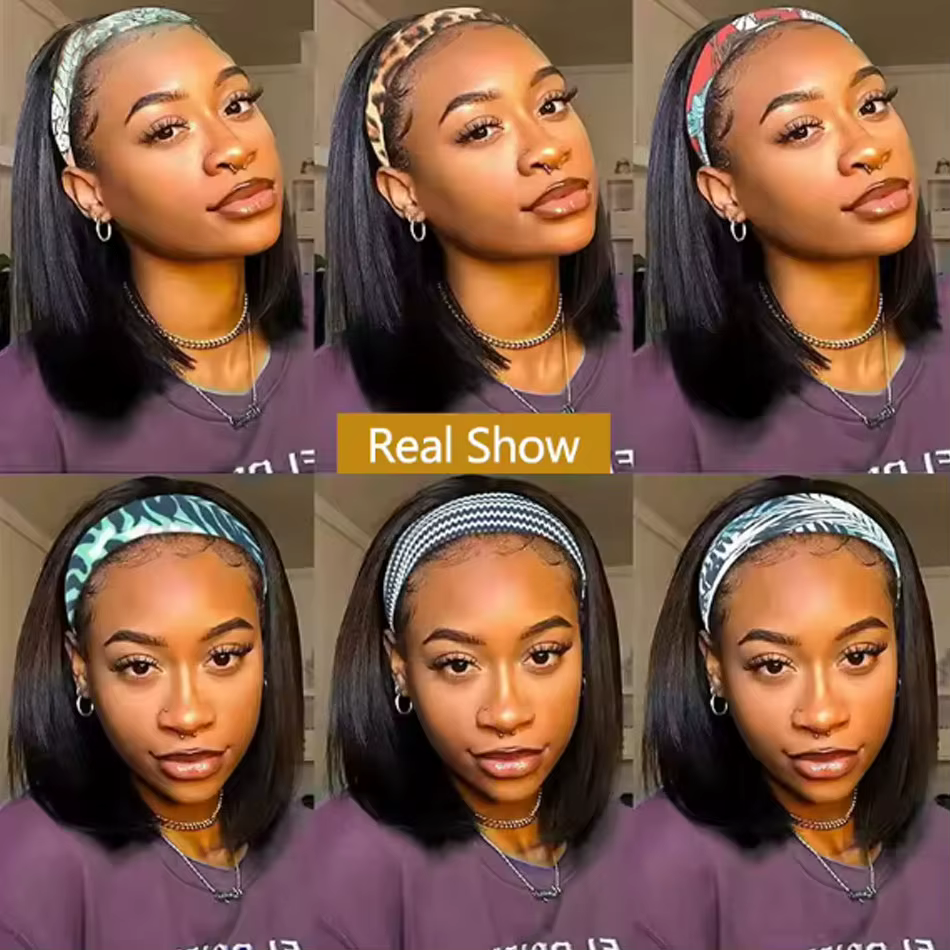 Bandeau perruques cheveux humains droite courte Bob sans colle