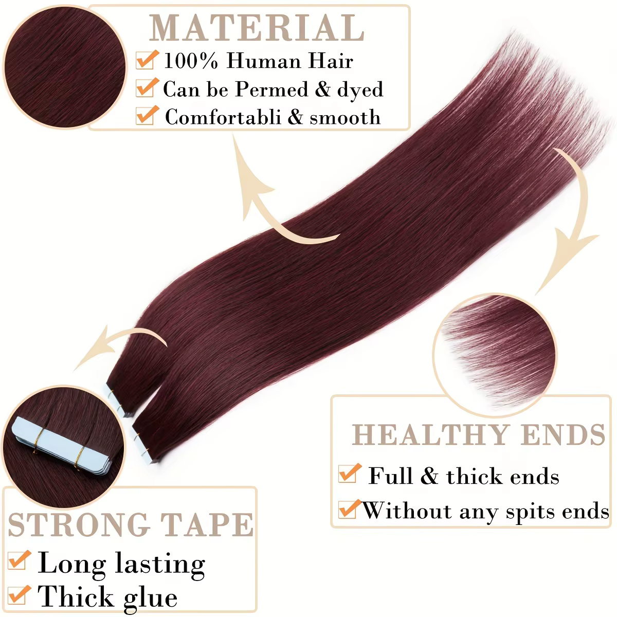 Extension de cheveux à bande Remy rouge vin, colle Double face 12-22 pouces, 20 pièces/paquet pour Extensions de cheveux fins