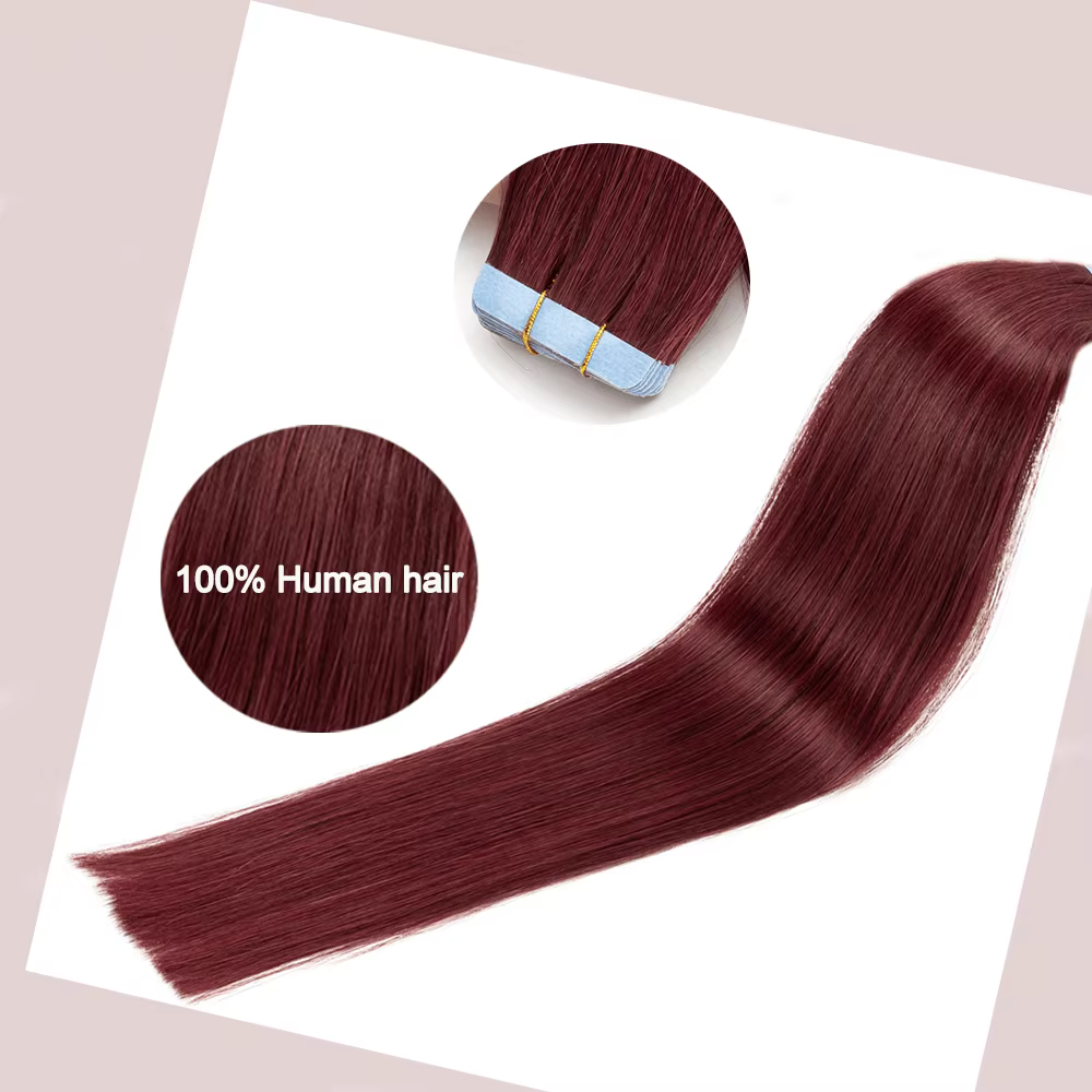 Extensions de cheveux humains lisses bordeaux 99J à bandes adhésives 50G - 100%