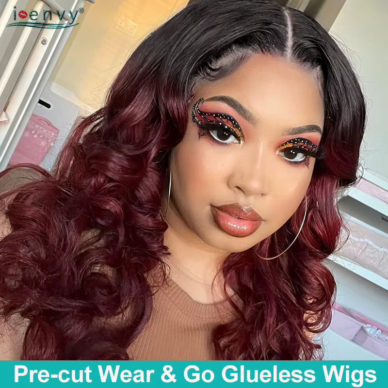 Perruques de cheveux humains bouclés sans colle bordeaux Wear and Go pour femmes