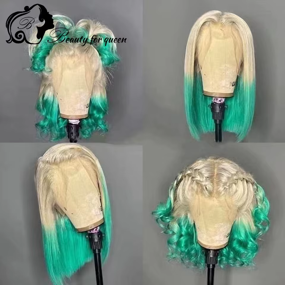 Miel Blonde Ombre 60 rose bleu violet couleur 13x4 dentelle avant perruques de cheveux humains pour femme jaune vert
