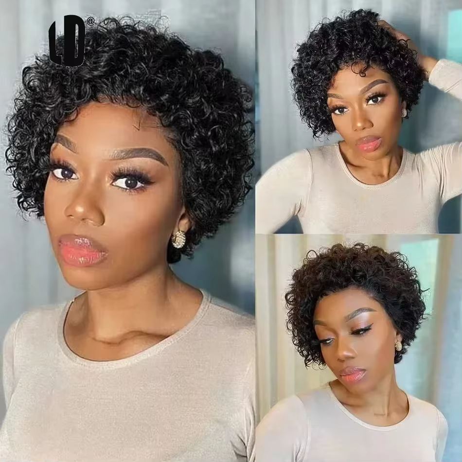 Perruque de cheveux humains brésiliens pour femmes noires Afro bouclés Pixie Bob courte ligne