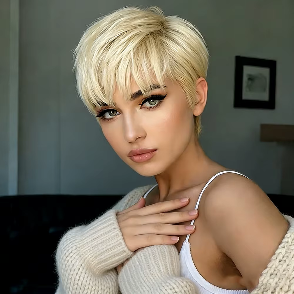 # Perruques en cheveux humains couleur blonde 613, perruque courte blonde avec frange pour femmes, cheveux brésiliens, bonnet fait à la machine, noir/brun/blonde