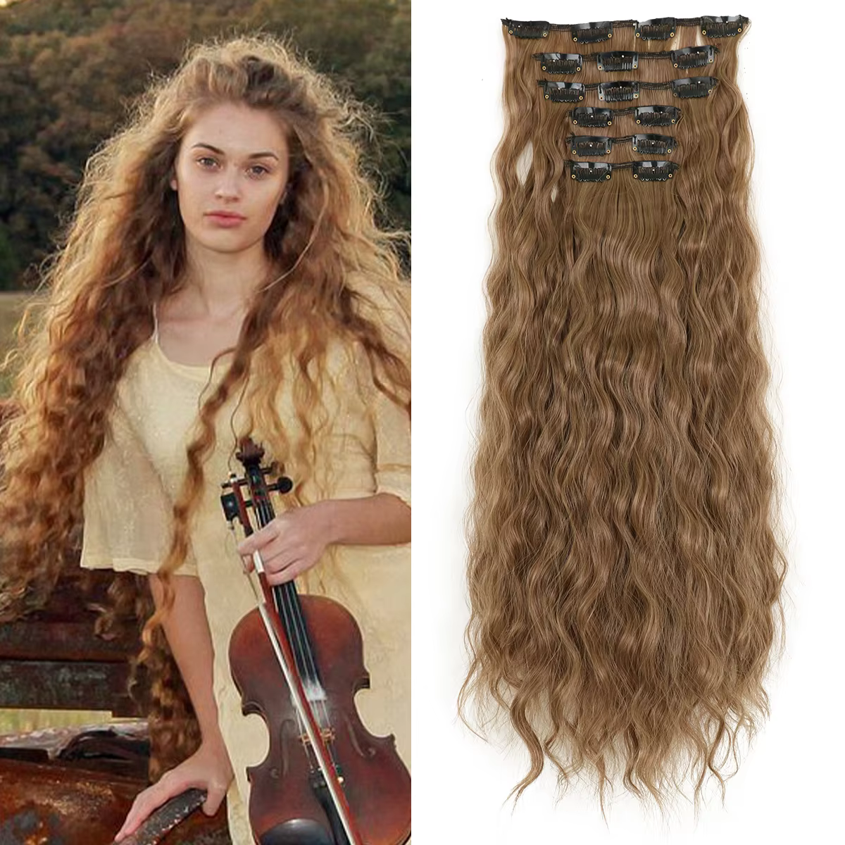 Extensions de cheveux synthétiques bouclés pour femmes et filles, postiche longue à clipser, style maïs ondulé, 16clips en 6 pièces, 22 po, 03/Party