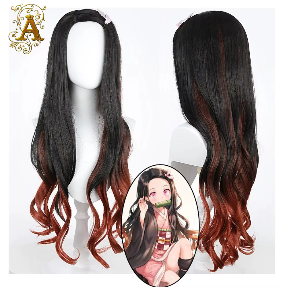 Perruque de cosplay Nezuko anime à cheveux longs bouclés