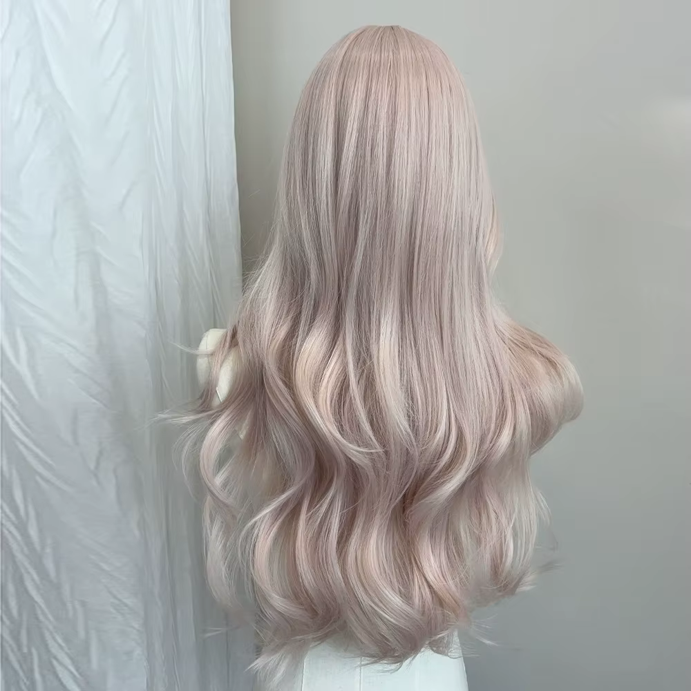 Perruque synthétique très bouclée rose gris féminin avec une bangs