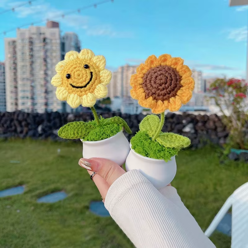 Fleur artificielle au Crochet de tournesol tissée à la main, plantes au Crochet finies, cadeaux d'invité de mariage, décoration de bureau