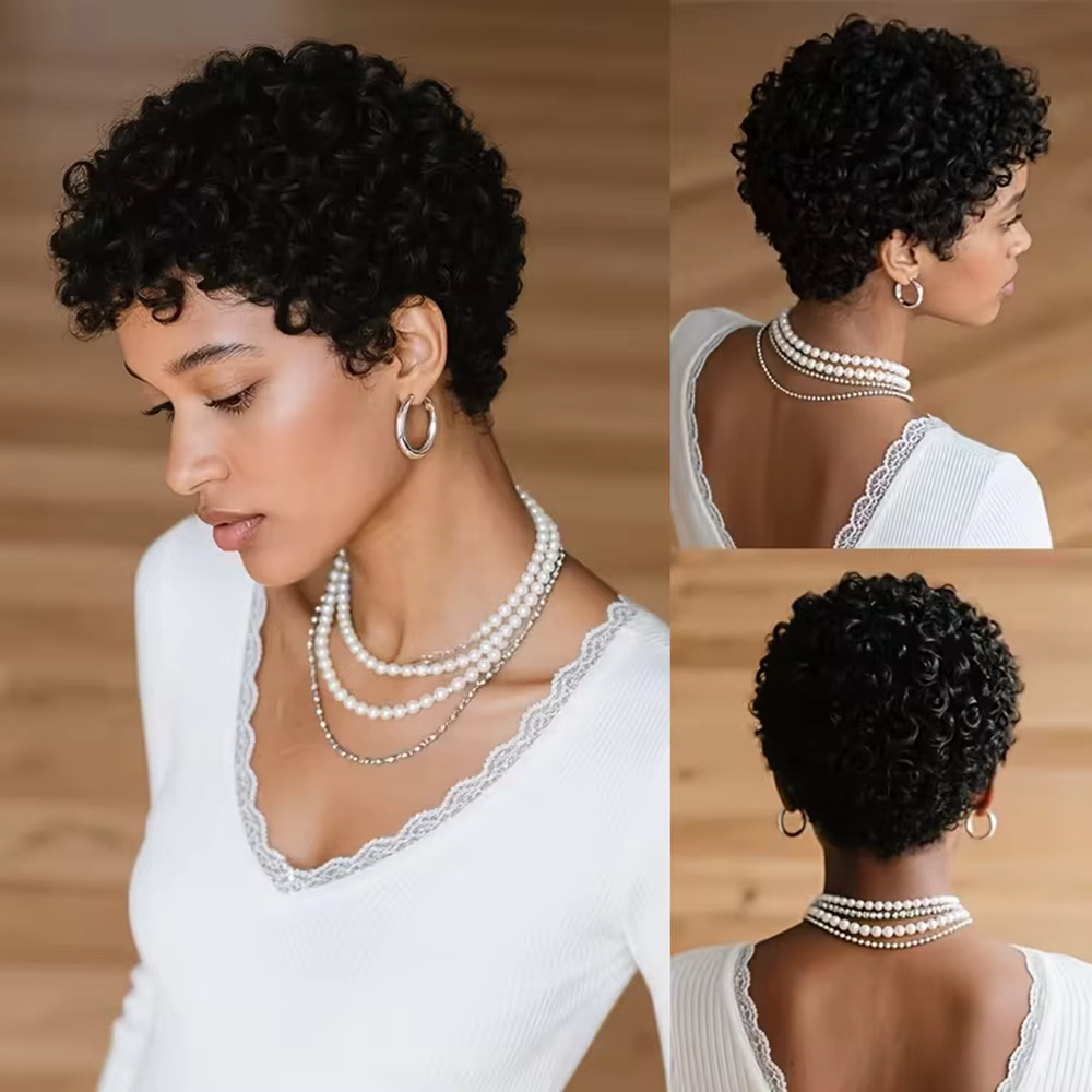 Perruque courte bouclée coupe lutin pour femmes, cheveux 100% naturels, entièrement fabriqués à la Machine, naturel, réaliste, sans enchevêtrement, facile à entretenir