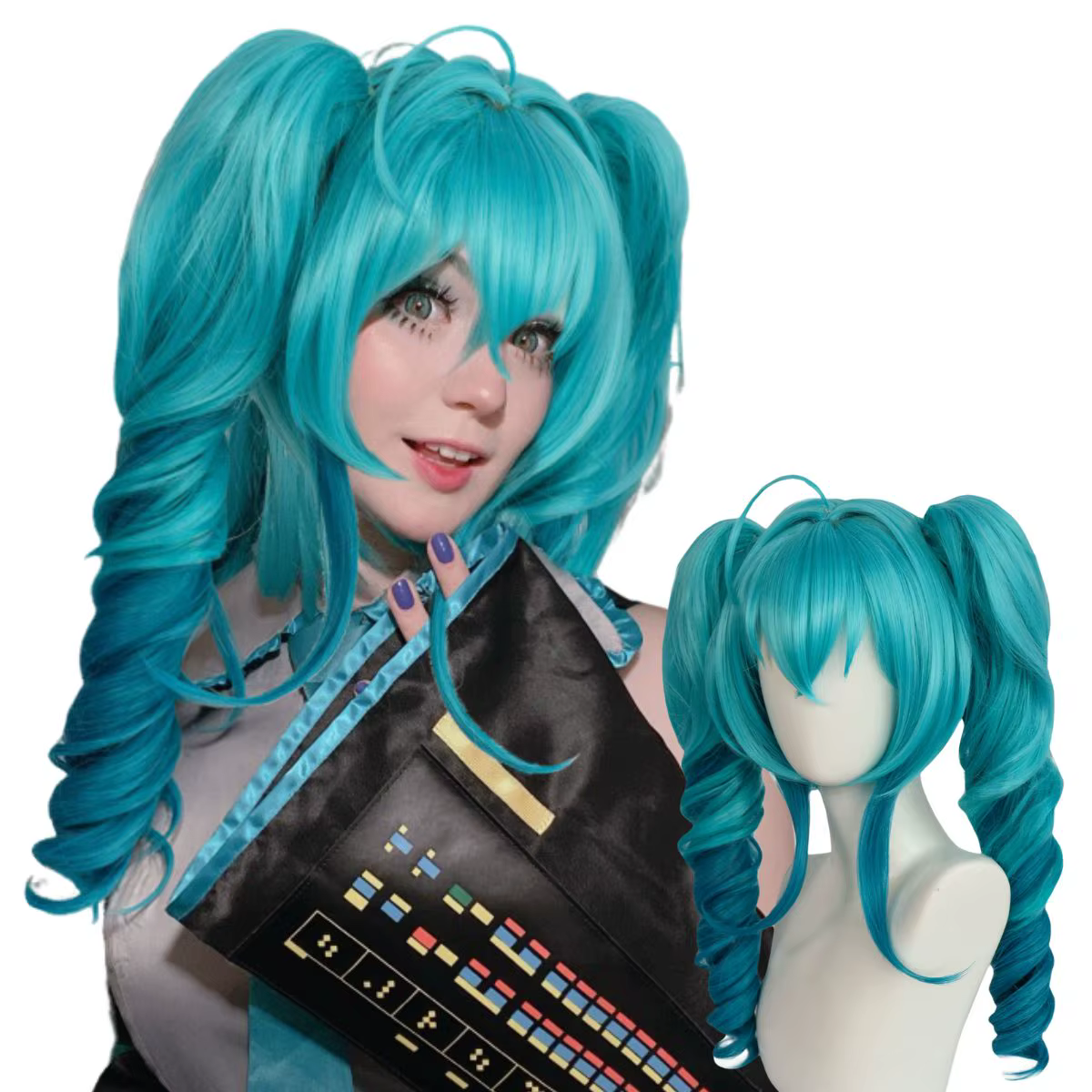 Perruque synthétique de haute qualité à double queue de cheval dégradée bleue, perruque spirale pour chanteuse virtuelle, perruque pour reality show