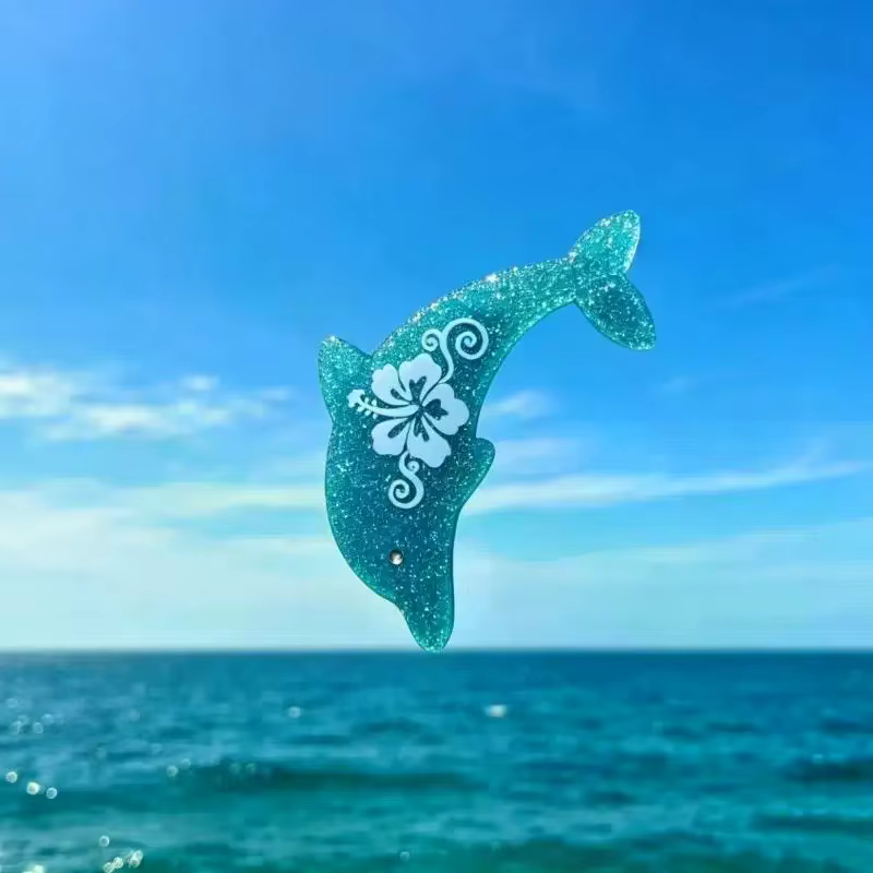 Barrettes à cheveux en forme de dauphin bleu scintillant avec fleur d'hibiscus rose et design tropical