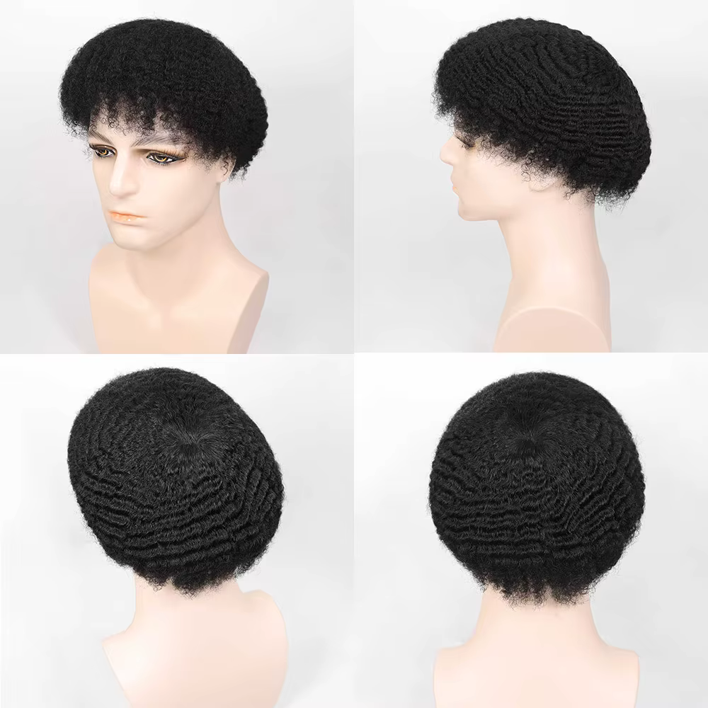 Afro toupet pour hommes peau mince système de remplacement de cheveux humains