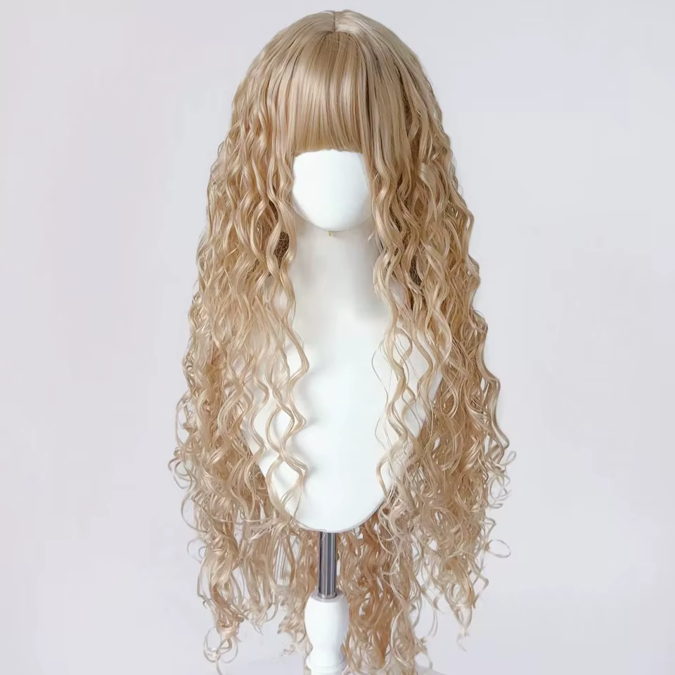 Perruque longue bouclée blonde avec frange