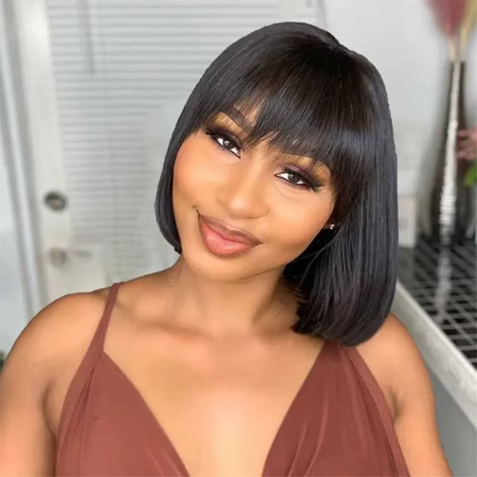 Pas cher Double dessiné vierge cheveux Bob perruque avec Bang sans colle réel vietnamien os droit pleine Machine faite