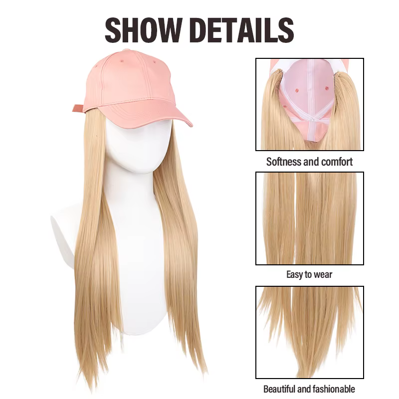 Casquette de baseball rose tendance avec perruque synthétique à cheveux blonds longs – Légère