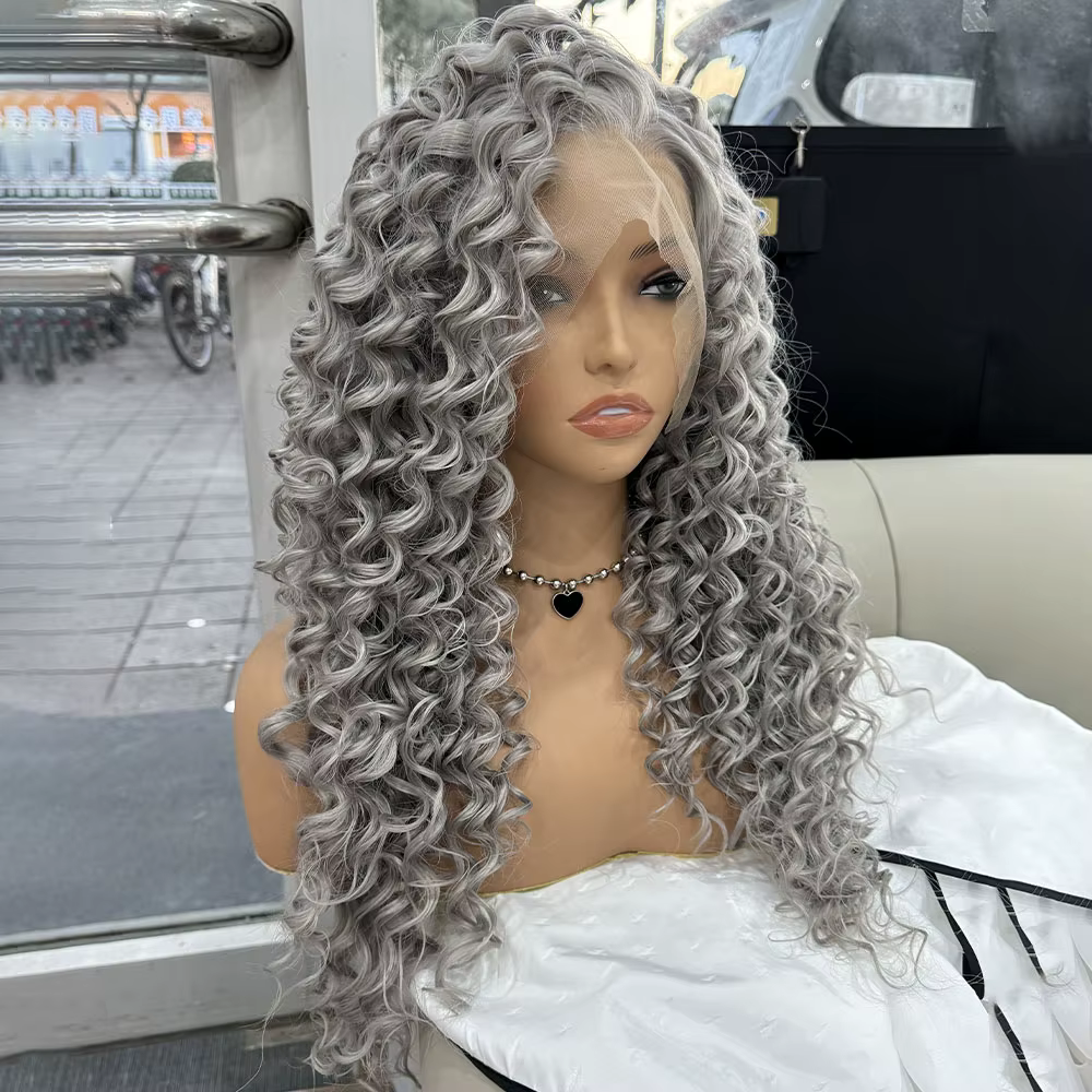 Perruque Lace Front Wig synthétique bouclée crépue grise
