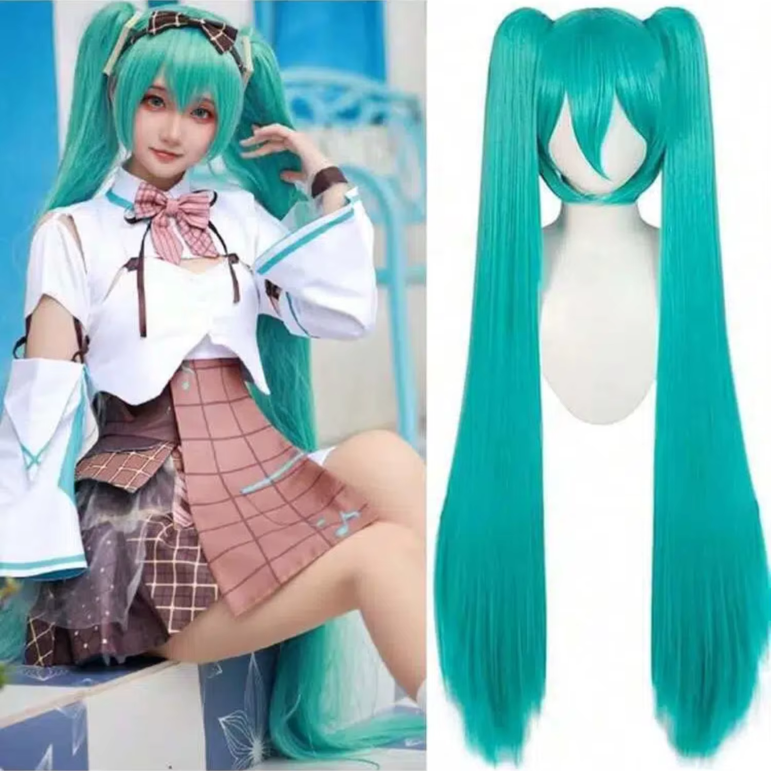 Perruque longue en fibres synthétiques de style anime vert pour fille
