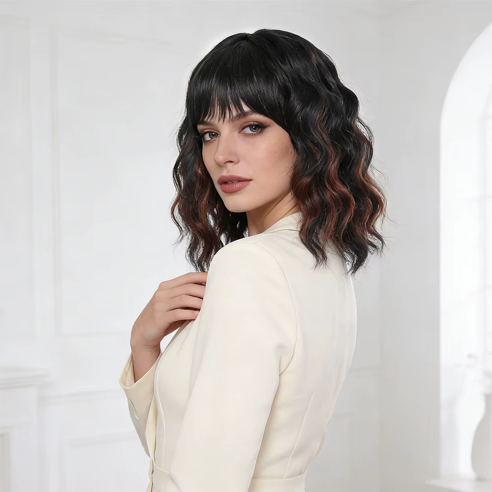 Perruque courte bouclée noire naturelle pour femmes - Bob ondulé longueur épaule avec frange | Cheveux synthétiques