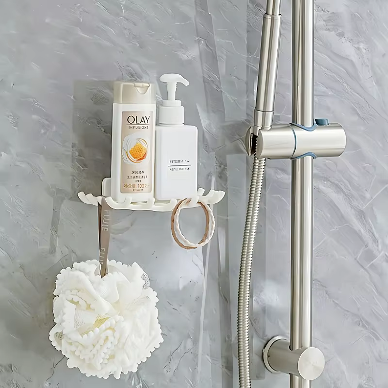 1 porte-savon mural pour douche avec drainage, noir, blanc, support carré. Aucun perçage requis, crochet pour savon et accessoires.