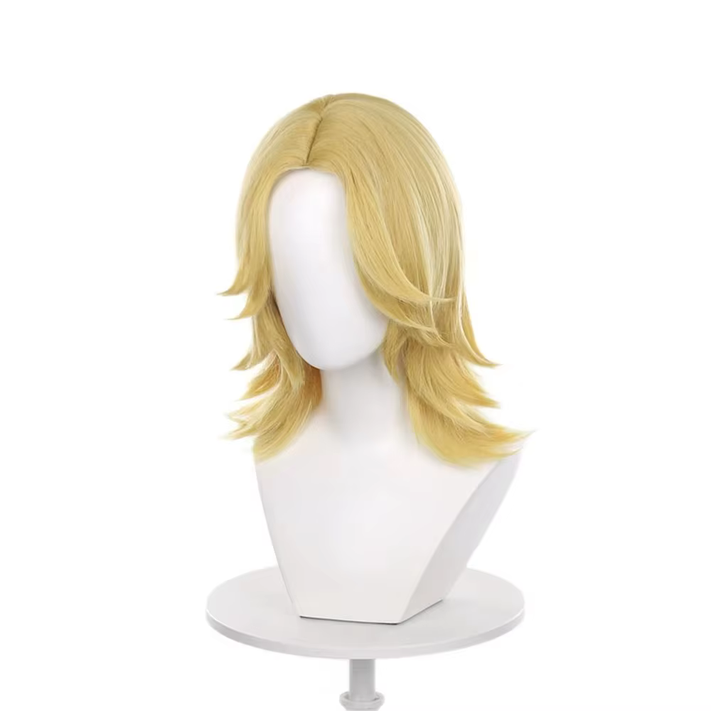Perruque mi-longue blond doré clair avec couches latérales douces et pointes aériennes