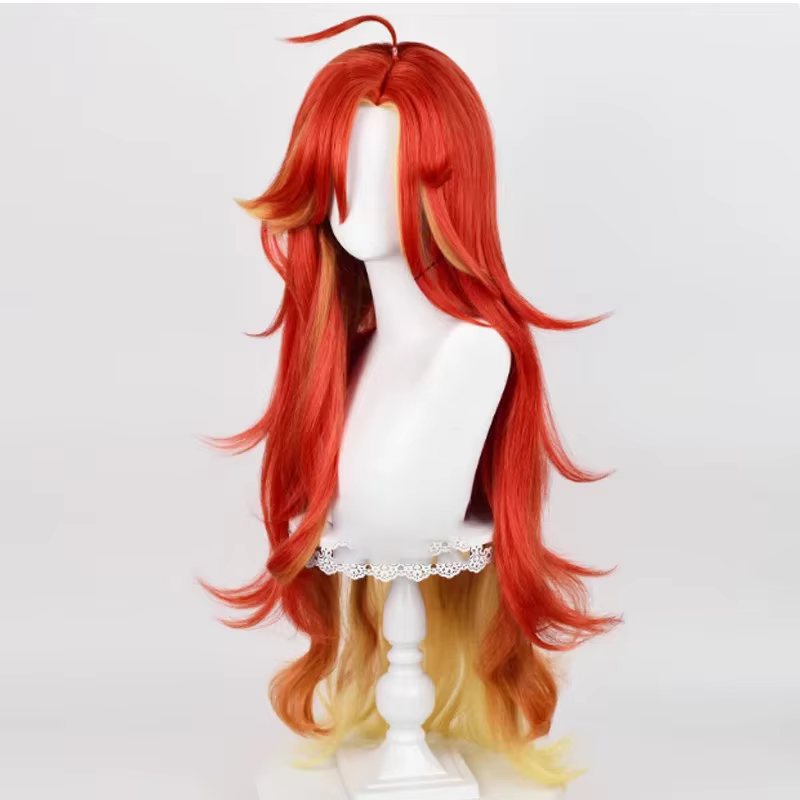 Pyro Archon Mavuika Cosplay perruque 100 cm longue vague bouclée rouge jaune mixte